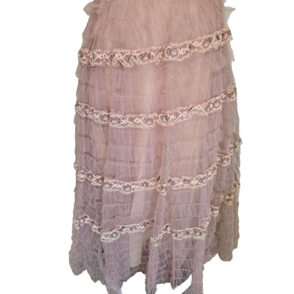 1950s Vintage Womens Pink Tulle Gown Dress Floral Detail - Picture 4 of 11